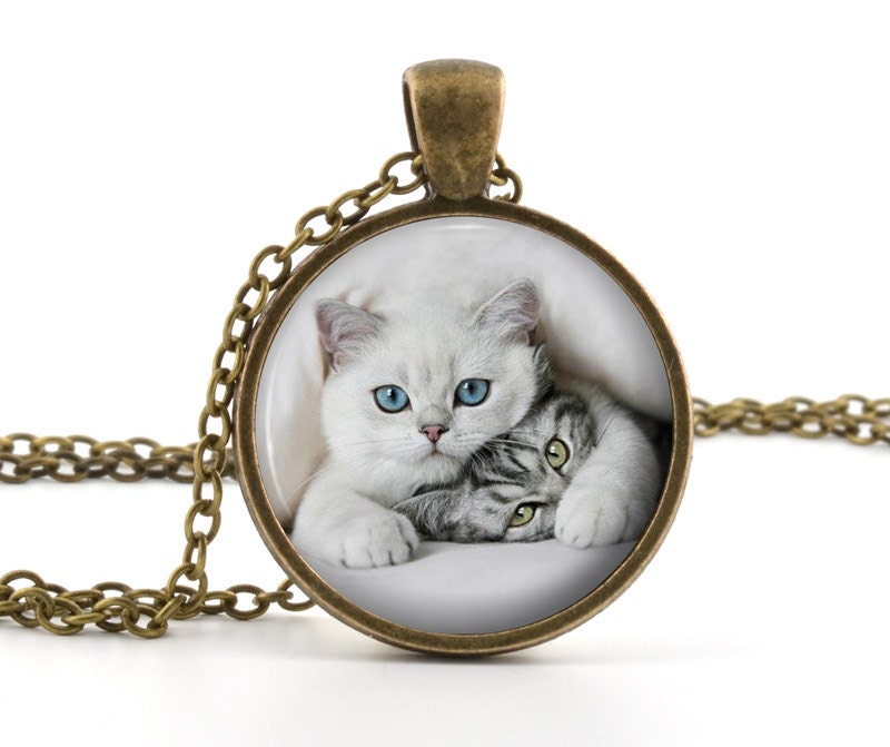 Cat and Kitty Pendant - Necklace - Picture Pendant Cute Cat Kitten Art with Chain and Gift Bag - Picture Jewelry