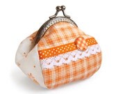 Orange Coin purse - Square Change Pouch - Clasp Frame Wallet Cotton fabric