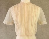 Vintage 1940s 1950s Blouse / Sheer Champagne Nylon Pleated