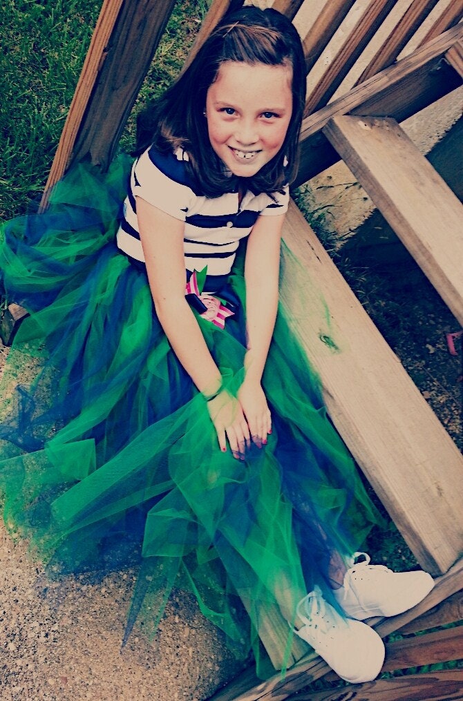 Preppy long tutu skirt - Emerald Green and Navy Tulle - Handmade Felt Flower and Satin Ribbon - Infant to Teen