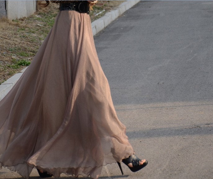 women's gold coffee silk Chiffon 8 meters of skirt circumference  long dress maxi skirt qz02
