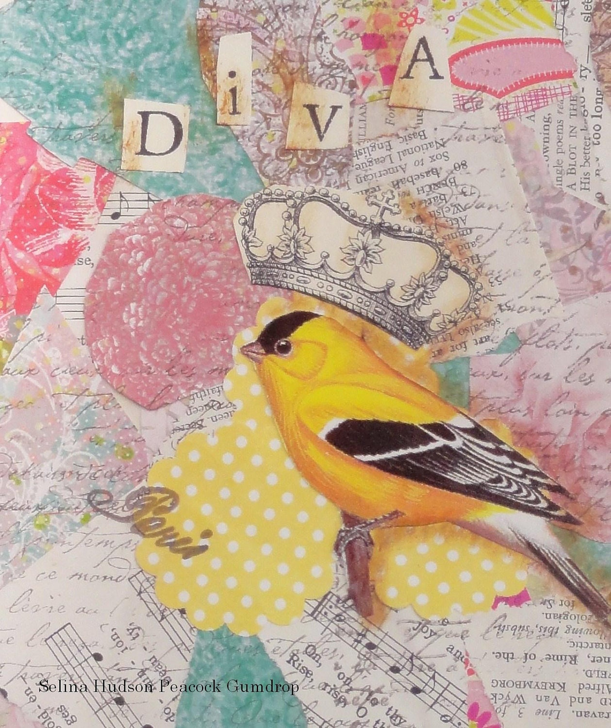 DIVA yellow bird collage digital prin t- printable uprint words vintage style paper old pdf 8 x 10 frame saying