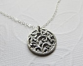 Sterling Silver Medallion Necklace - Handmade Pendant, Oxidized Silver, Branch Leaves Pendant, Simple Everyday Jewelry