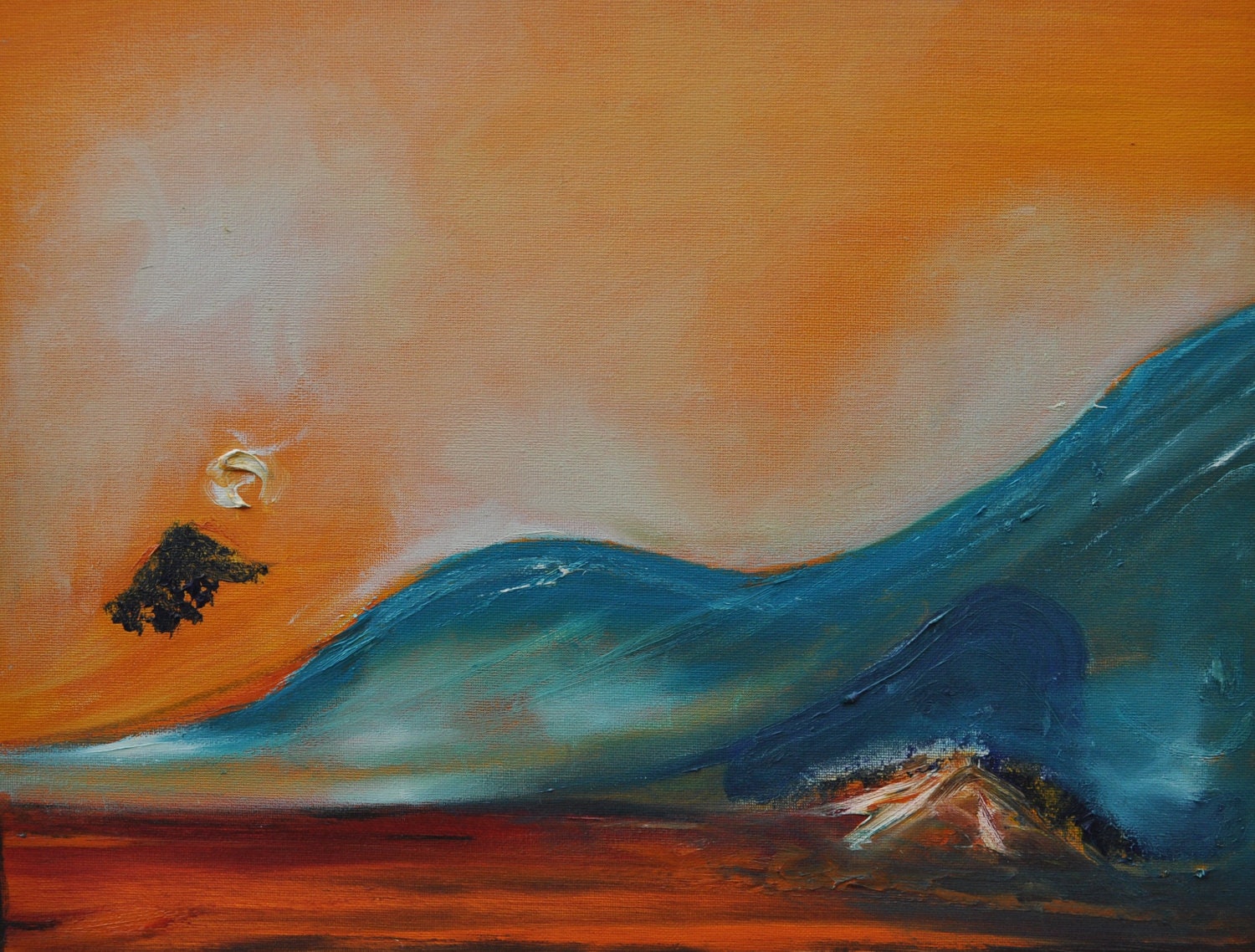 Original Painting Large Wall Art Contemporary Oil Painting Boxed Canvas Blue Hill Abstract, Orange, Large Canvas Art, Textured, Modern