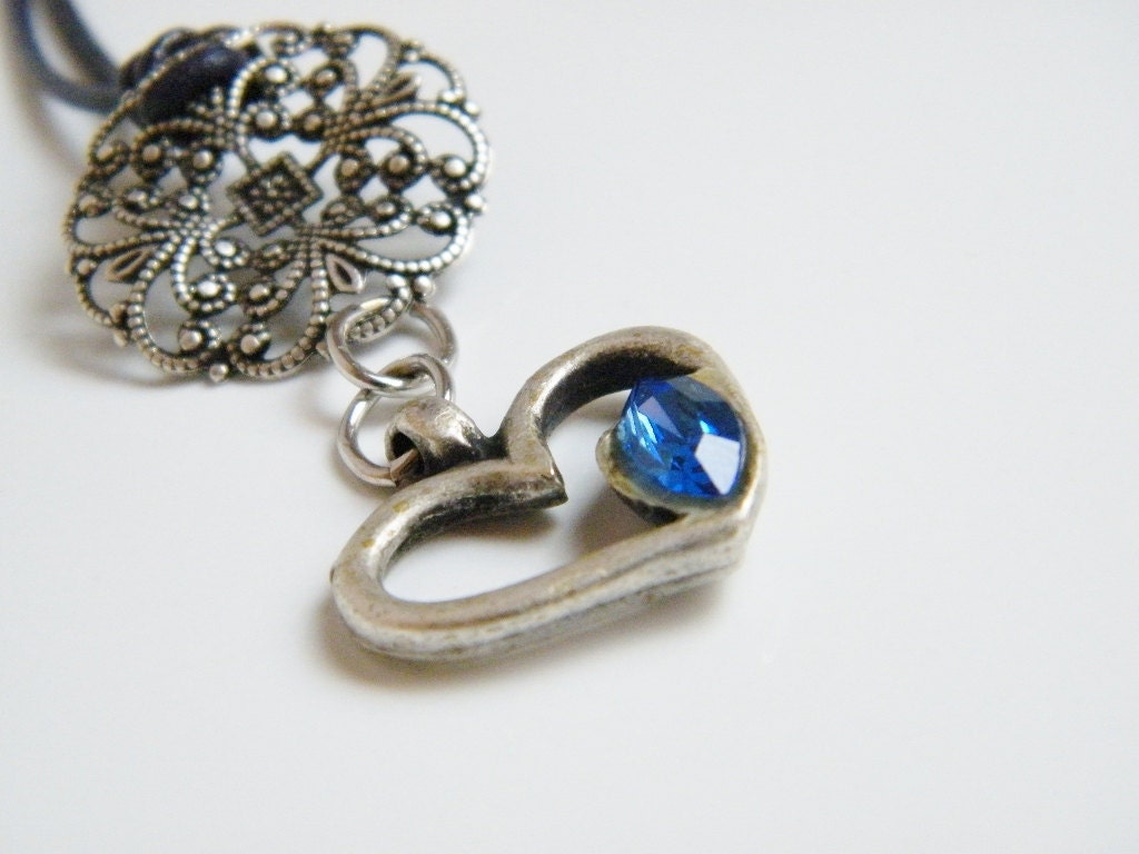 Sapphire Blue Heart Necklace Swarovski Crystal Silver Blue Leather Choker