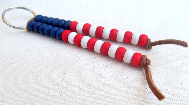 Military veteran keychain American Flag Patriotic wooden beaded leather keychain