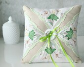 Ring Bearer Pillow, Vintage Embroidered Handkerchief, Floral, Green, Tan