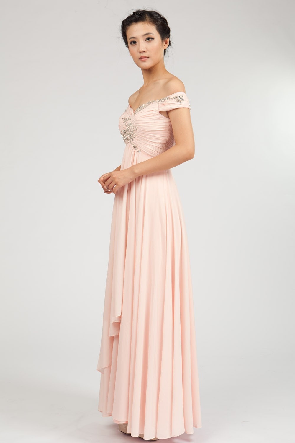 Soft Pink Grecian-inspired Off-Shoulder Jewel-embellished Chiffon Gown - MoonlitBridals