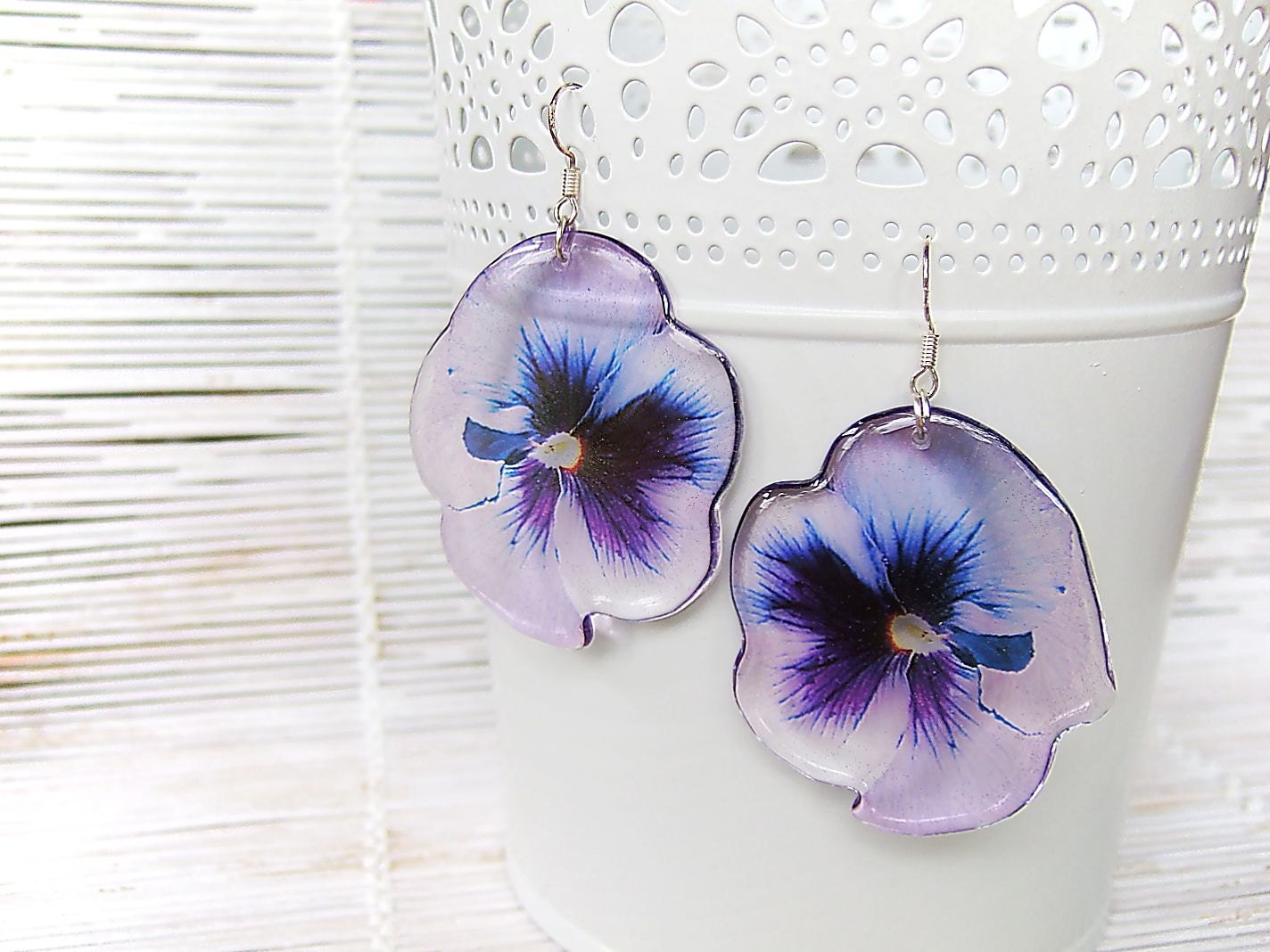Resin Transparent Earrings Light Violet Pansy
