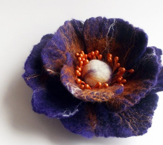 Hand felted flower pin, felted brooch, poppy flower, purple flower , "A little bit different poppy"