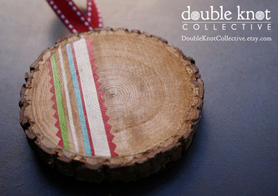 Hand-Painted Christmas Tree Ornament - Wood Slice - Geometric