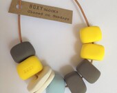 CLOSED ON SUNDAYS Handmade Chunky Bead Necklace - Yellow, Blue and Grey