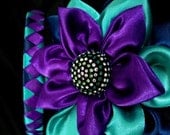 Satin Fabric Flower with Coordinating Headband, Purple, Teal, and Royal Navy satin, Handmade Headband and Flower Hair Set