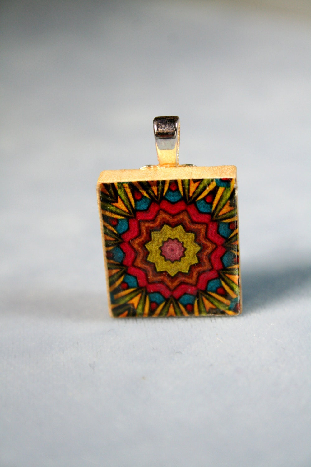 Original Flower Green, Pink, Blue Mandala Scrabble Game Tile Pendant: Necklace Charm, Wood Tile Jewelry, necklace chain sold separately