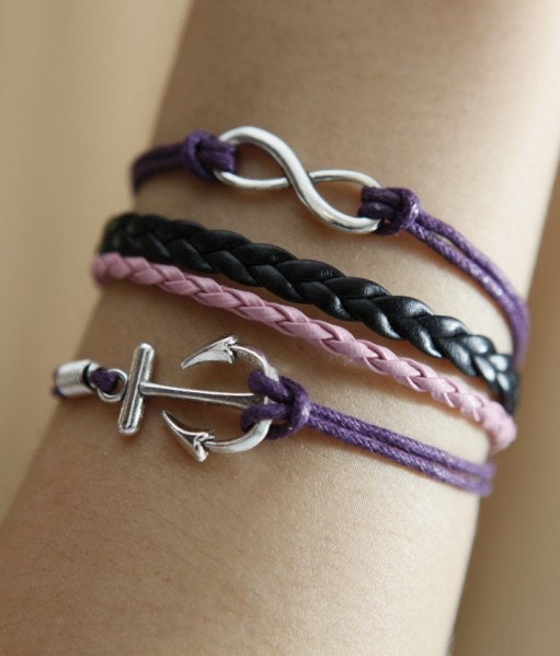 Handmade purple wax cord white braided leather bracelet,silver karma anchor bracelet