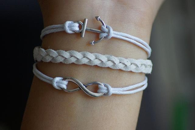 Handmade White wax cord white Flocking braided leather bracelet,silver Mini anchor karma bracelet