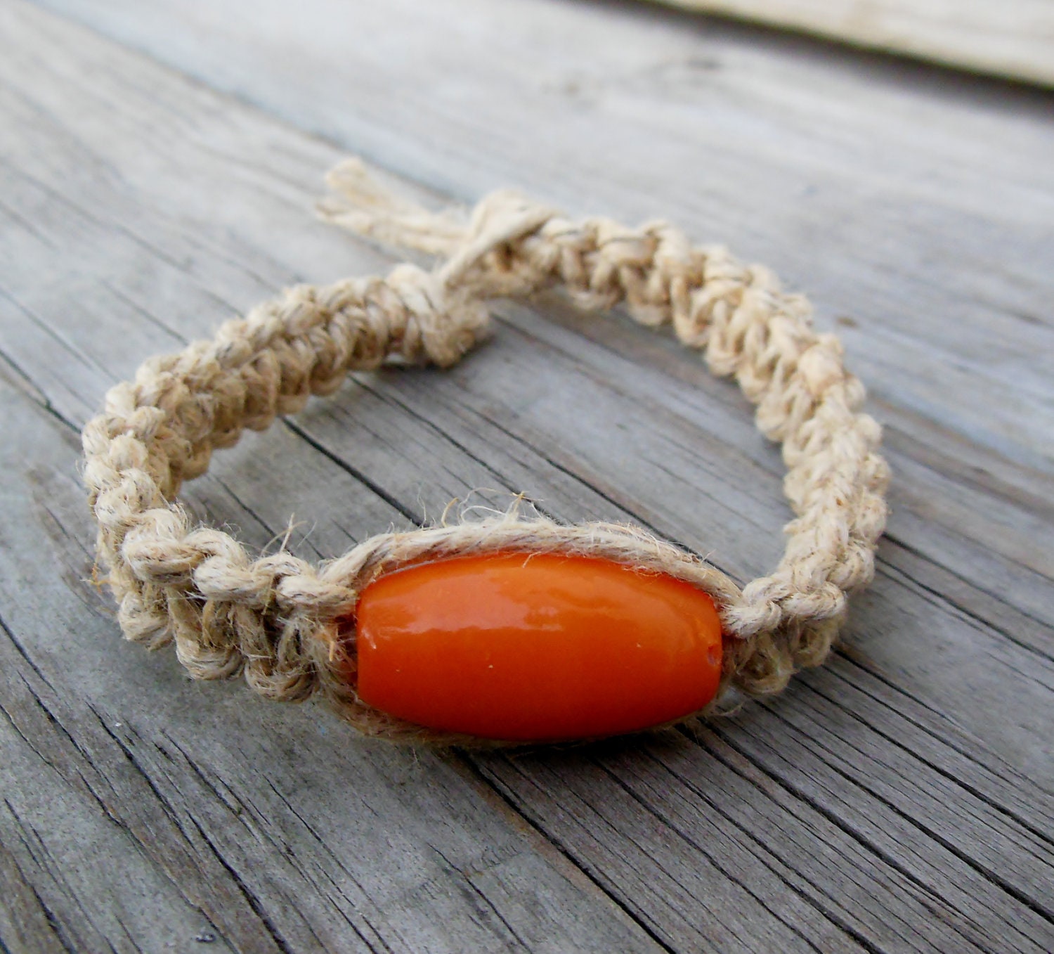 Unisex Eco friendly Hemp bracelet with orange glass bead