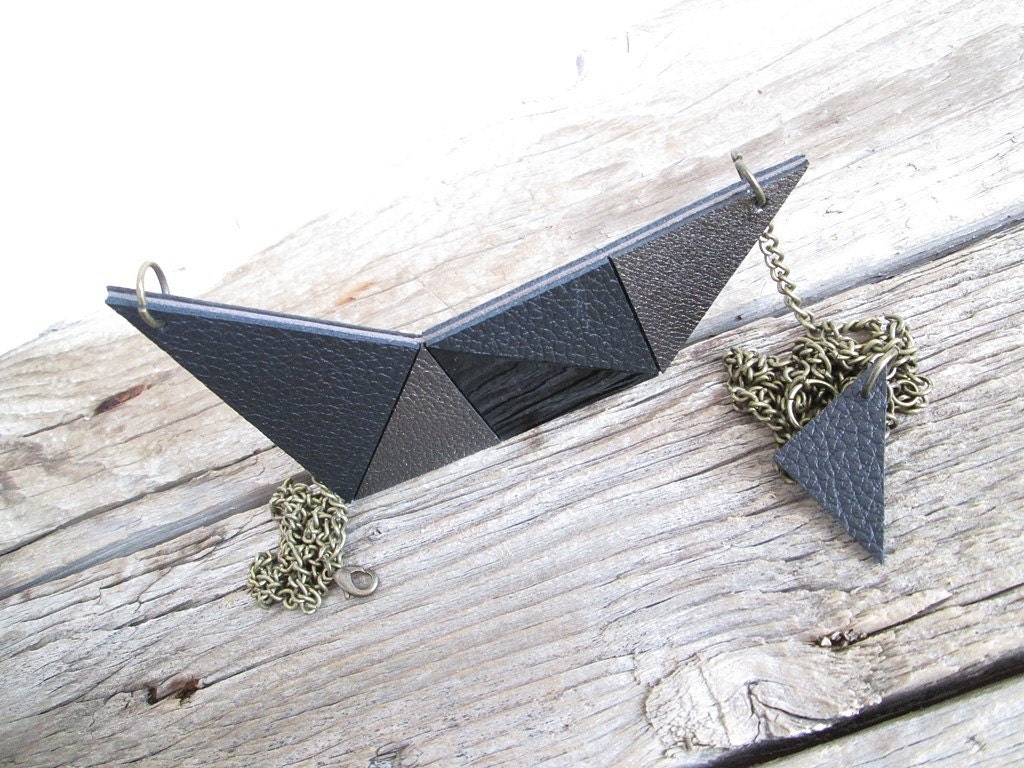 Black Leather bib Necklace Statement leather necklace Geometric necklace