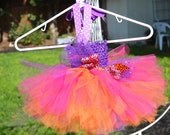 tutu dress, florescent colors, headband with feathers and ribbon to match