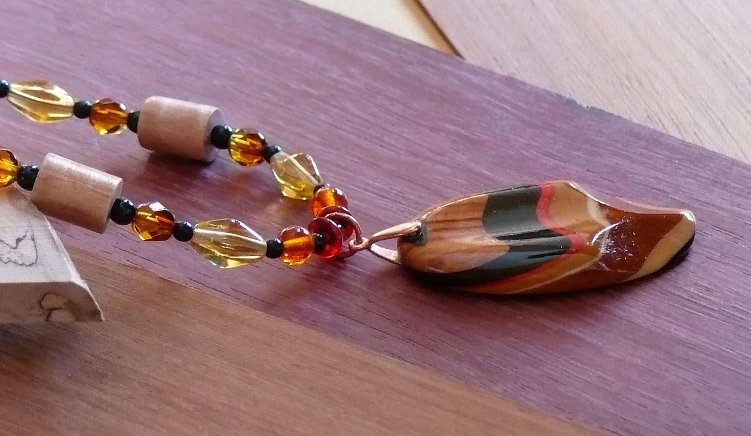 Handmade Pendant Organic Jewelry Tribal Ethnic Woodland Exotic Carved Wood Bead Sculpture Turned Natural Wooden Beads Leather Necklace OOAK