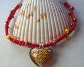 Macrame Anklet Bracelet Red Tan  Lampwork Heart Beaded Square Knots Cotton Cord Hippie Bohemian Jewelry