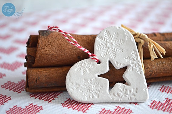 Christmas decoration clay small heart tags with  twine and stamps