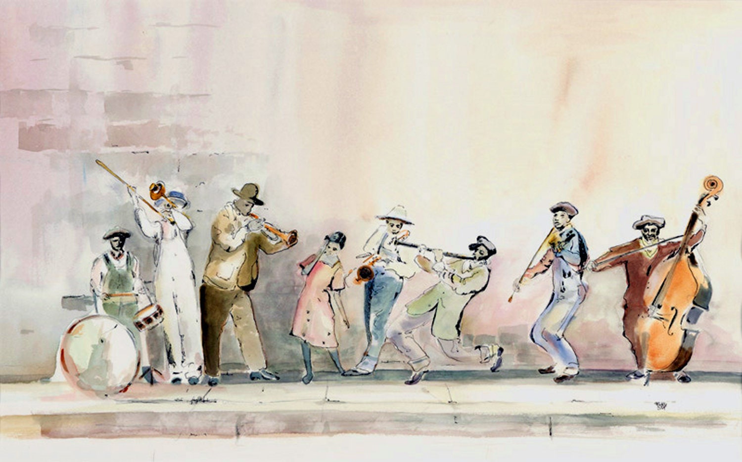 Jazz saxophone trumpet watercolor music art print  by Tracy Bigelow Grisman