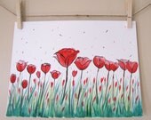 original watercolor red tulips floral flowers spring field landscape 9x12 by myimaginationisyours art