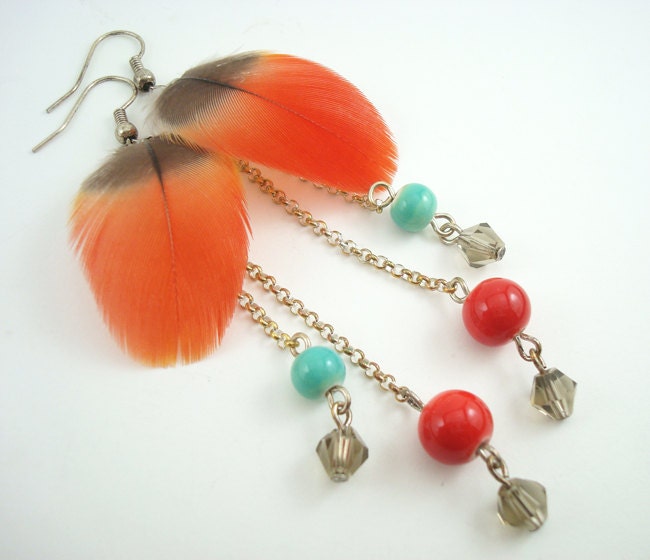 Red Feather Earrings Dangle earings w/ Colorful Beads Long Chain - Boho Bohemian Chic Handmade Jewelry