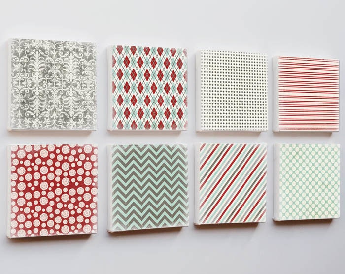 Holiday Geometric Art Print Set of 8 6x6 - Christmas decor wall art canvas prints gray mint green red stripes polka dot zig zag argyle
