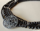 Multi Strand Necklace.  Black Beaded Necklace. Gothic Choker. Victorian Mourning. Twisted Necklace. Filigree Pendant Focal Bead.