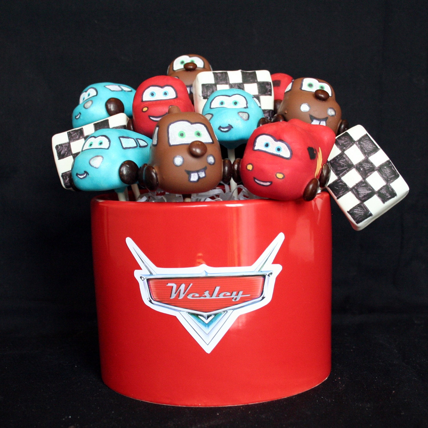 12 Cars Cake Pops - inspired by Disney's McQueen, Mater, & Sally, with Checkered Race Flags - for birthdays, favors, gifts