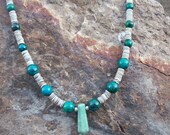 Natural Green Moss-Tree Agate, Sapphire Australian Jasper, Green Heishi & Silver Plated Bead Necklace OOAK Gift For Men Women Unisex Jewelry