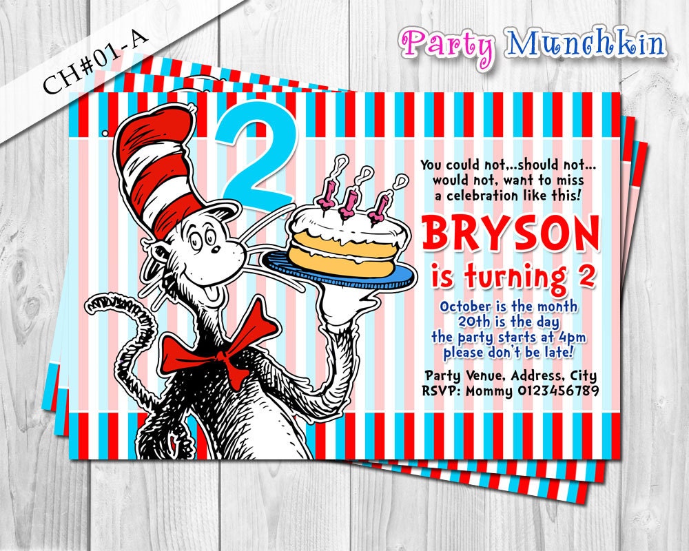 CAT in the HAT invitation, Dr Seuss invitation, Dr Seuss invite or Cat in the Hat birthday party