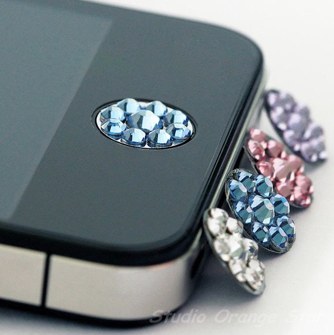 1PC Bling Crystal Swarovski Element Rhinestone Floral Apple iPhone Home Button Sticker, Cell Phone Charm, 4 Color Choice