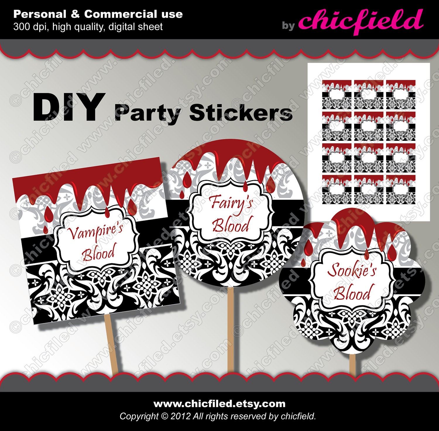 Printable Party Stickers 2" Editable JPG Word Damask True Blood Drops Halloween images 8,5 x 11" sheet DIY Digital Collage Sheet cf00003-13b