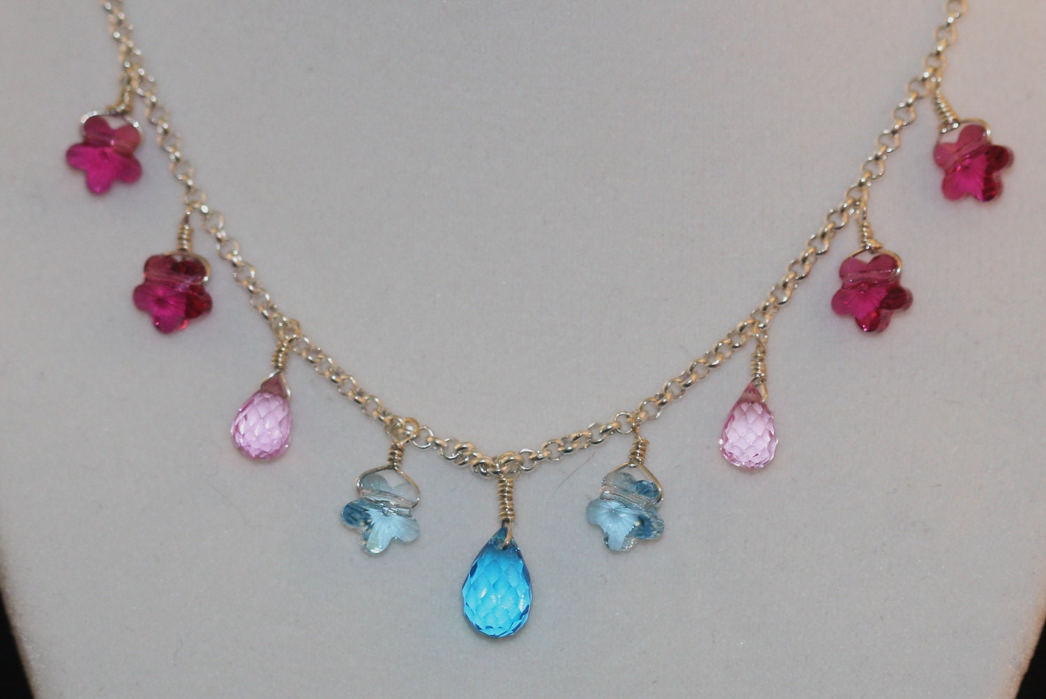 Pink Sapphire Blue Topaz Swarovki Crystal FLower Necklace in Italian Sterling Silver Briolette