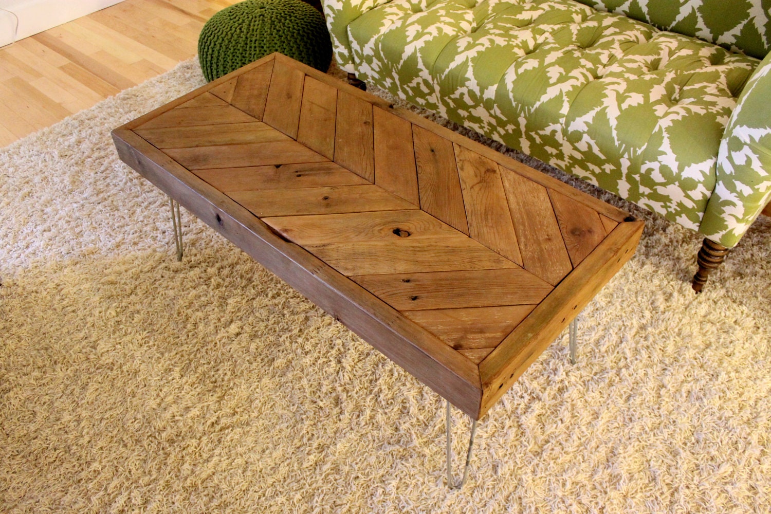 Chevron Reclaimed Wood Coffee/Side Table or bench on Hairpin Legs - Made to Order