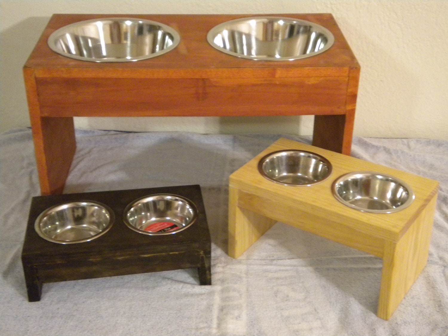 Medium size custom wood dog feeder with stainless steel dog bowls