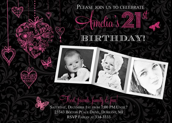 21st Birthday Pink and Black Photo Invitation Il_570xn