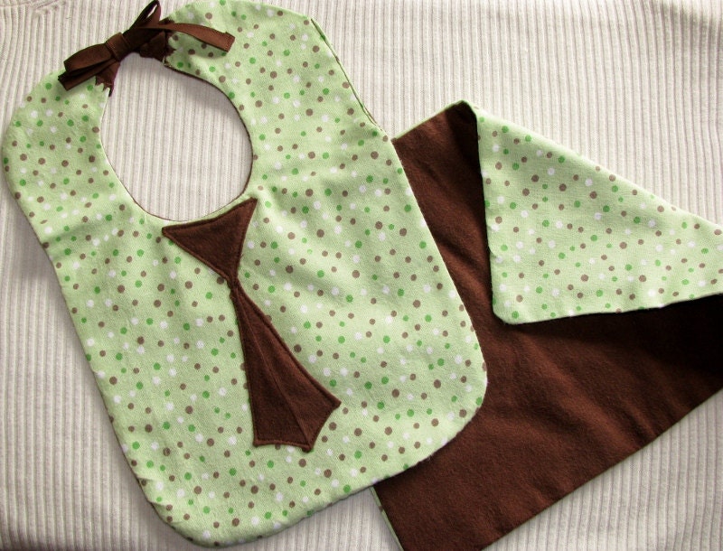 Green Polka Dot with Brown Tie Baby Bib Set
