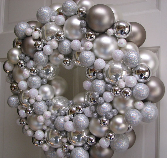 15" Elegant Christmas Silver and White Glass Ball Wreath - CraigCustomTreasures