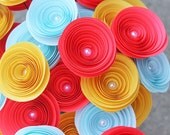 Teal, Hot Coral, and Yellow Spiral Paper Flower Rose Bouquet - Home Decor - Gift - Party - Baby Shower