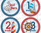 INSTANT DOWNLOAD Monthly Baby Onesie DIY Printable Stickers/ Iron Transfers (pdf file only) - Sailboat - Nautical - Boy