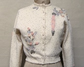 Handmade Wool Cardigan from the 1950s featuring Beading, Appliqué and Embroidery