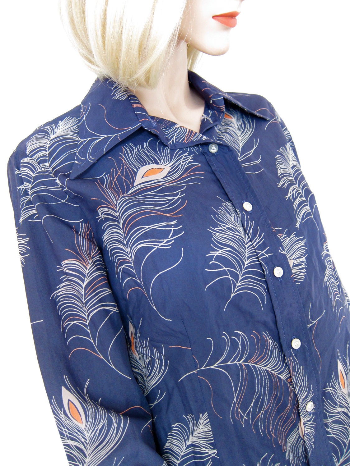 Peacock Plumes 70s Feather Print Shirt - Contempo Casuals Vintage - Blue Button Front Blouse - Medium