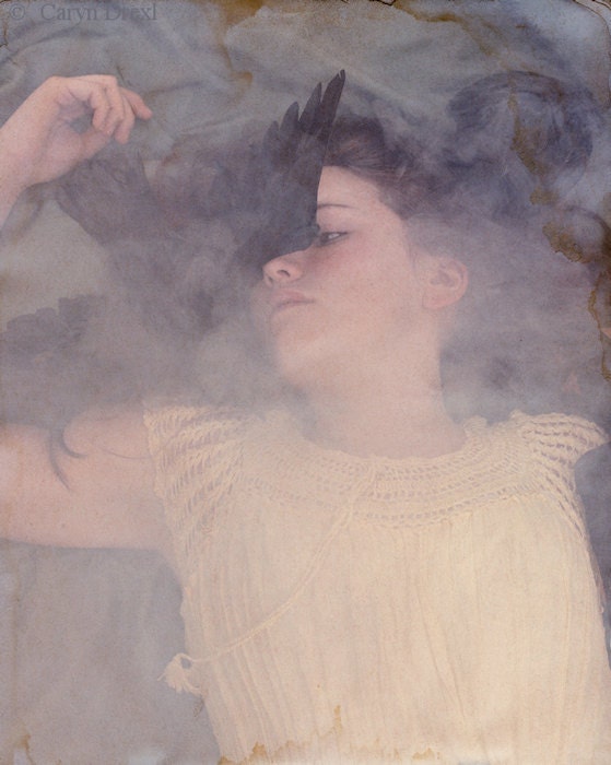 Living In Dreams - FREE SHIPPING - Print Girl Pink Yellow Gray Green Black Birds Fog Smoke Mist Portrait Surreal Strange Creepy
