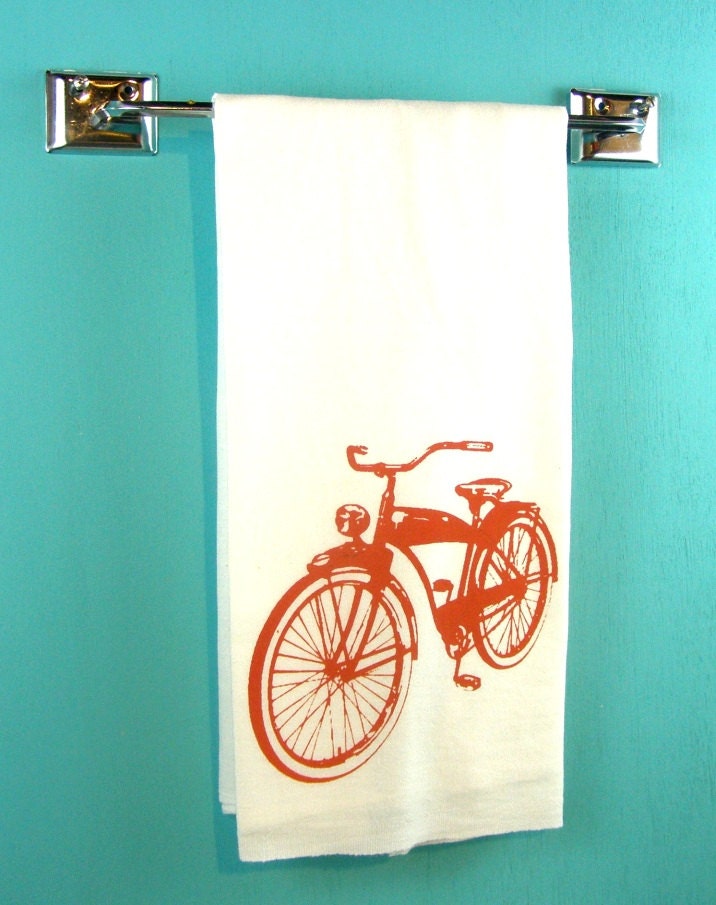 Bicycle Tea Towel - Red Kitchen Towel - Bike - CUTE Screen Print Red Black Purple Vintage Kitchen