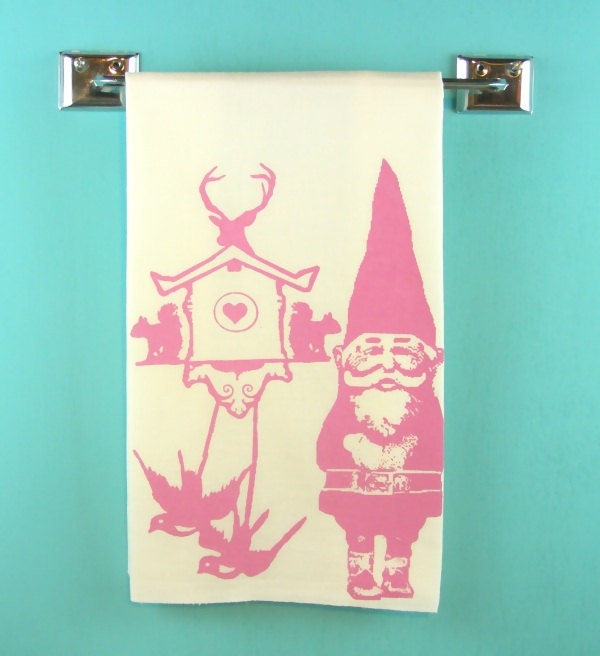 Kitchen Towel Gnome Tea Towel Pink Cuckoo Clock CUTE woodland screenprint retro kitchen Indie Housewares