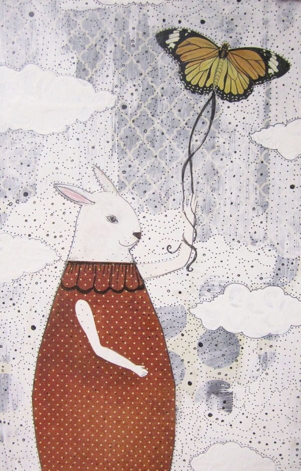 Original Rabbit Animal Painting , Collage Mixed Media Acrylic Painting , Whimsical Art , One of a Kind